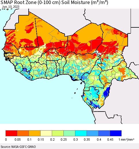 Western Africa SMAP Root Zone (0-100 cm) Soil Moisture (m³/m³) Thematic Map For 6/6/2023 - 6/10/2023