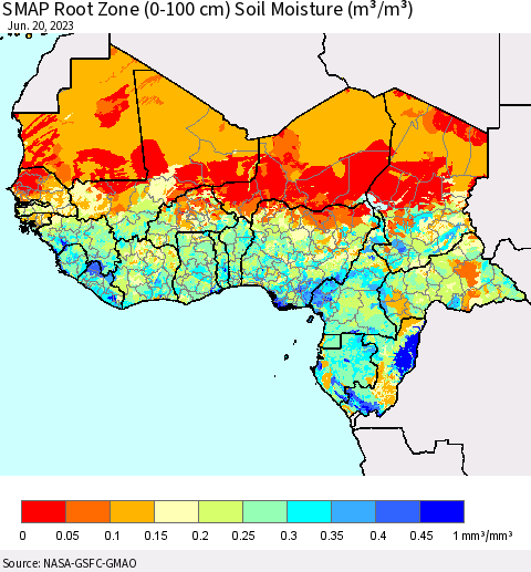 Western Africa SMAP Root Zone (0-100 cm) Soil Moisture (m³/m³) Thematic Map For 6/16/2023 - 6/20/2023