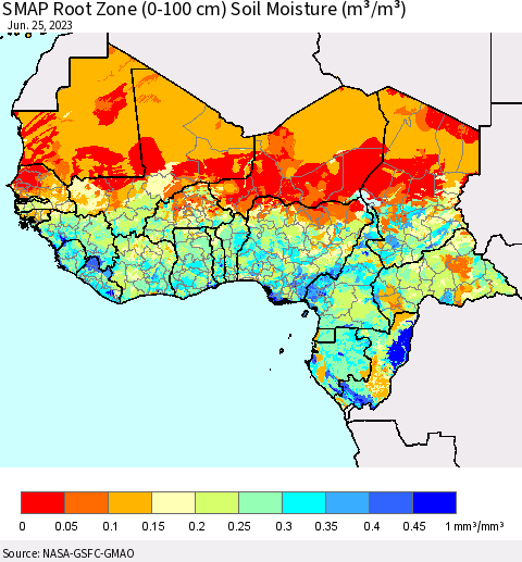 Western Africa SMAP Root Zone (0-100 cm) Soil Moisture (m³/m³) Thematic Map For 6/21/2023 - 6/25/2023