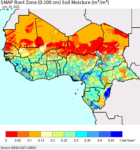 Western Africa SMAP Root Zone (0-100 cm) Soil Moisture (m³/m³) Thematic Map For 6/26/2023 - 6/30/2023