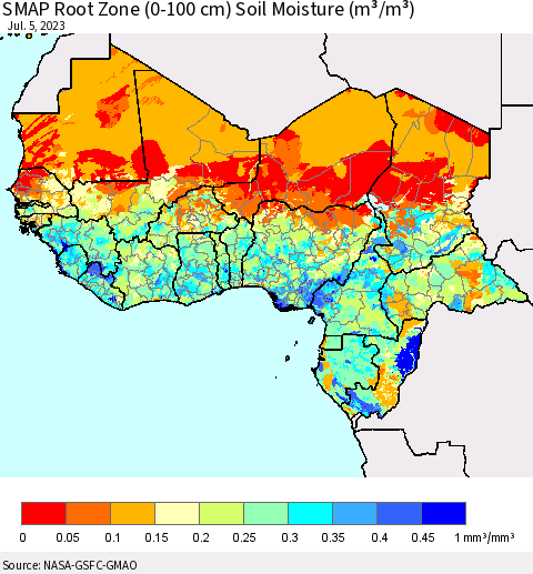 Western Africa SMAP Root Zone (0-100 cm) Soil Moisture (m³/m³) Thematic Map For 7/1/2023 - 7/5/2023