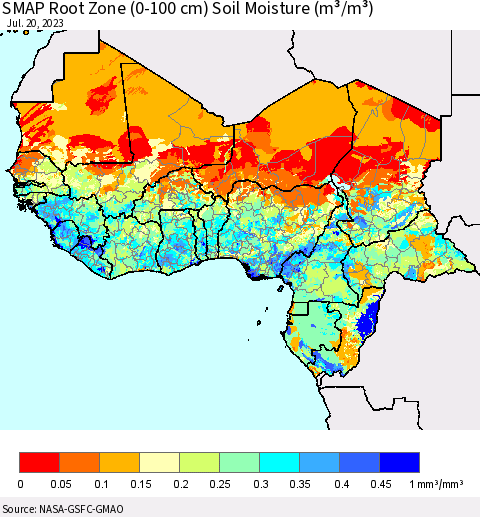 Western Africa SMAP Root Zone (0-100 cm) Soil Moisture (m³/m³) Thematic Map For 7/16/2023 - 7/20/2023