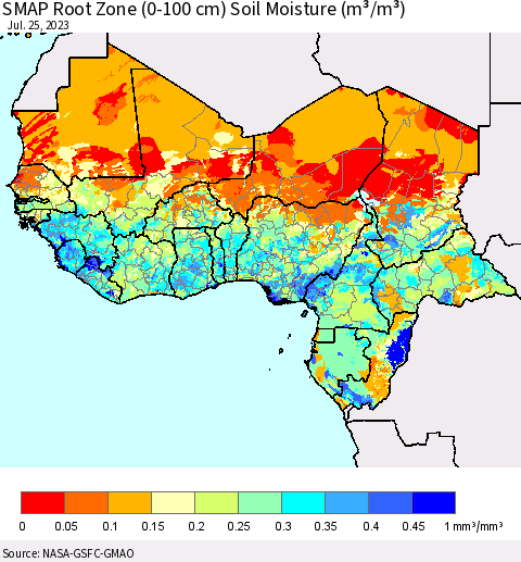 Western Africa SMAP Root Zone (0-100 cm) Soil Moisture (m³/m³) Thematic Map For 7/21/2023 - 7/25/2023