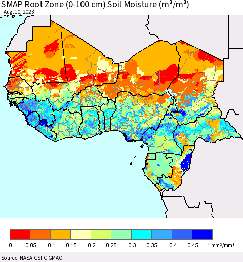 Western Africa SMAP Root Zone (0-100 cm) Soil Moisture (m³/m³) Thematic Map For 8/6/2023 - 8/10/2023