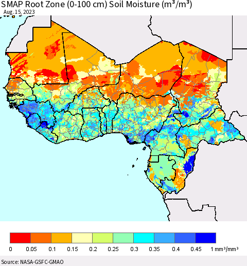 Western Africa SMAP Root Zone (0-100 cm) Soil Moisture (m³/m³) Thematic Map For 8/11/2023 - 8/15/2023