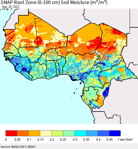 Western Africa SMAP Root Zone (0-100 cm) Soil Moisture (m³/m³) Thematic Map For 8/16/2023 - 8/20/2023