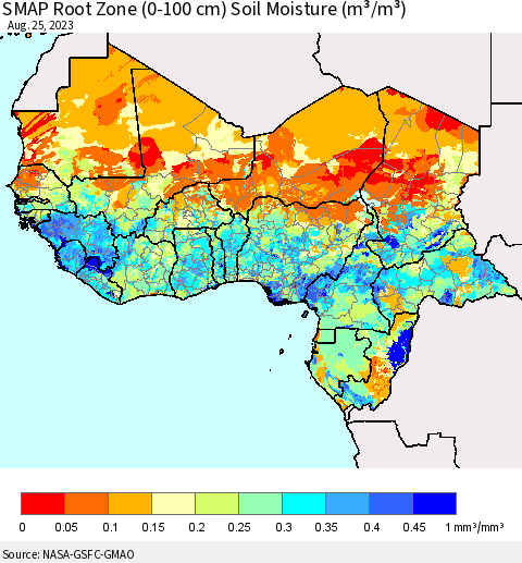 Western Africa SMAP Root Zone (0-100 cm) Soil Moisture (m³/m³) Thematic Map For 8/21/2023 - 8/25/2023
