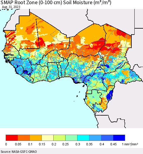 Western Africa SMAP Root Zone (0-100 cm) Soil Moisture (m³/m³) Thematic Map For 8/26/2023 - 8/31/2023