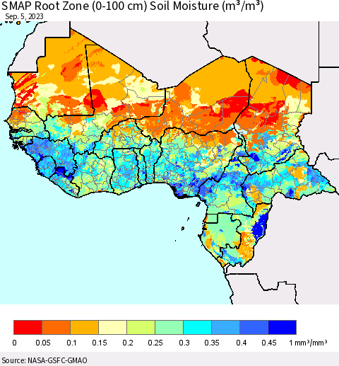 Western Africa SMAP Root Zone (0-100 cm) Soil Moisture (m³/m³) Thematic Map For 9/1/2023 - 9/5/2023