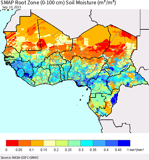Western Africa SMAP Root Zone (0-100 cm) Soil Moisture (m³/m³) Thematic Map For 9/6/2023 - 9/10/2023