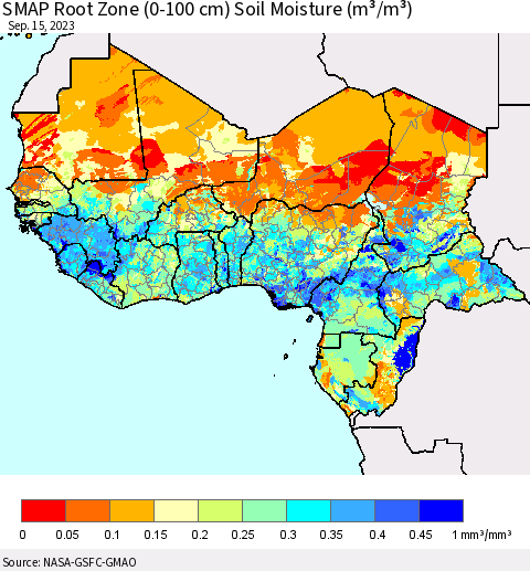 Western Africa SMAP Root Zone (0-100 cm) Soil Moisture (m³/m³) Thematic Map For 9/11/2023 - 9/15/2023