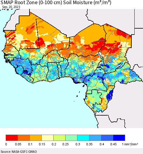 Western Africa SMAP Root Zone (0-100 cm) Soil Moisture (m³/m³) Thematic Map For 9/16/2023 - 9/20/2023