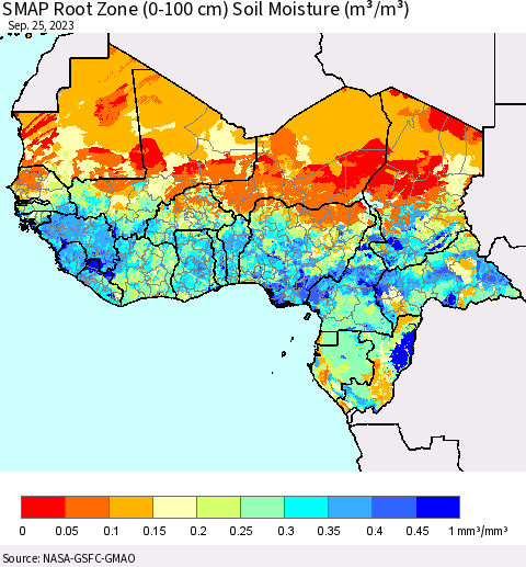 Western Africa SMAP Root Zone (0-100 cm) Soil Moisture (m³/m³) Thematic Map For 9/21/2023 - 9/25/2023