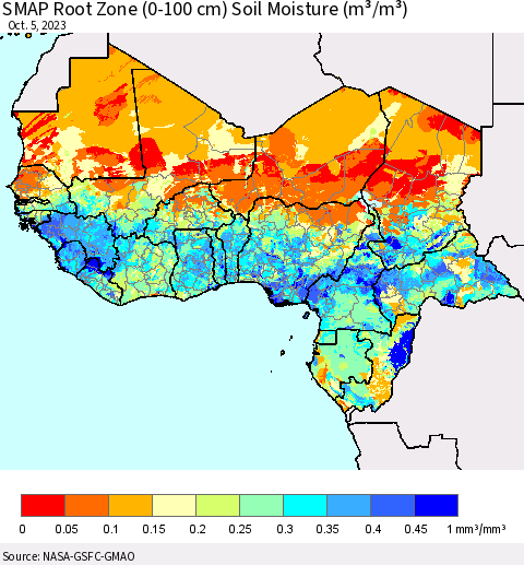 Western Africa SMAP Root Zone (0-100 cm) Soil Moisture (m³/m³) Thematic Map For 10/1/2023 - 10/5/2023