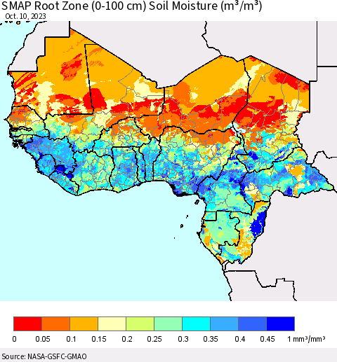 Western Africa SMAP Root Zone (0-100 cm) Soil Moisture (m³/m³) Thematic Map For 10/6/2023 - 10/10/2023
