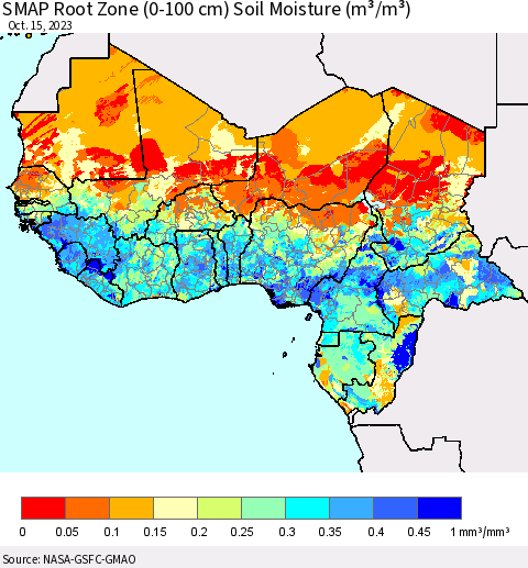 Western Africa SMAP Root Zone (0-100 cm) Soil Moisture (m³/m³) Thematic Map For 10/11/2023 - 10/15/2023