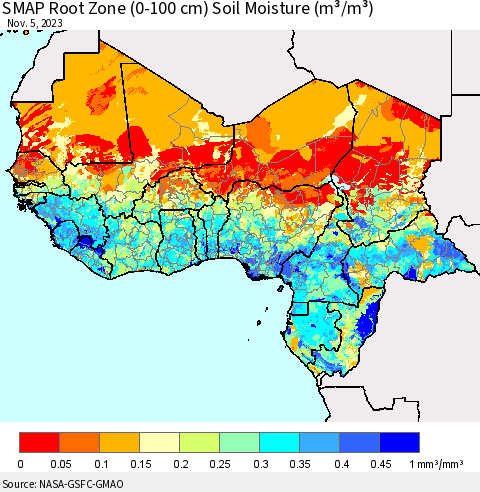 Western Africa SMAP Root Zone (0-100 cm) Soil Moisture (m³/m³) Thematic Map For 11/1/2023 - 11/5/2023