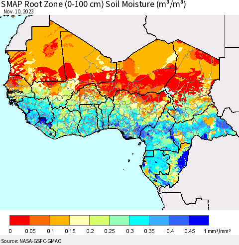 Western Africa SMAP Root Zone (0-100 cm) Soil Moisture (m³/m³) Thematic Map For 11/6/2023 - 11/10/2023