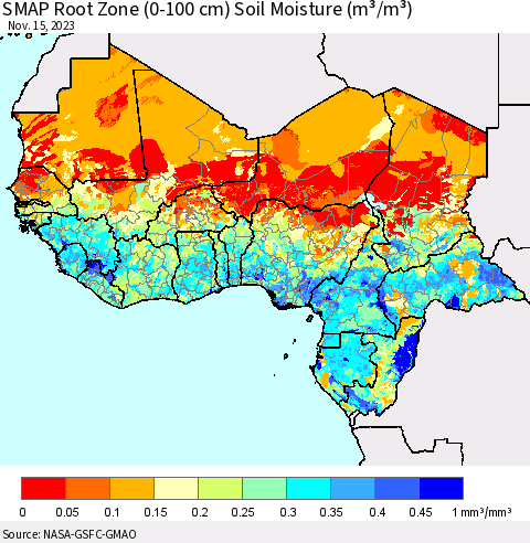 Western Africa SMAP Root Zone (0-100 cm) Soil Moisture (m³/m³) Thematic Map For 11/11/2023 - 11/15/2023