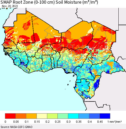 Western Africa SMAP Root Zone (0-100 cm) Soil Moisture (m³/m³) Thematic Map For 11/16/2023 - 11/20/2023