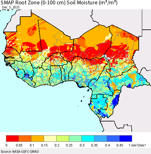 Western Africa SMAP Root Zone (0-100 cm) Soil Moisture (m³/m³) Thematic Map For 12/1/2023 - 12/5/2023