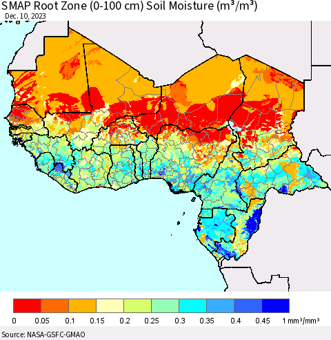 Western Africa SMAP Root Zone (0-100 cm) Soil Moisture (m³/m³) Thematic Map For 12/6/2023 - 12/10/2023