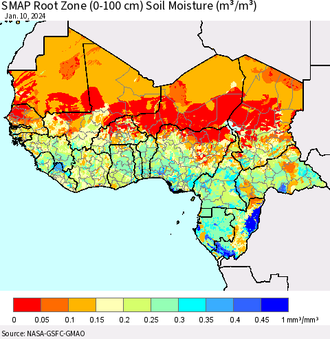 Western Africa SMAP Root Zone (0-100 cm) Soil Moisture (m³/m³) Thematic Map For 1/6/2024 - 1/10/2024