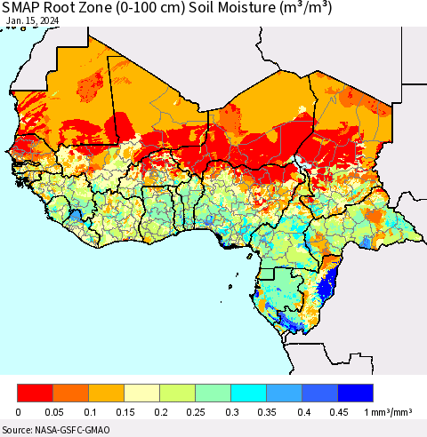 Western Africa SMAP Root Zone (0-100 cm) Soil Moisture (m³/m³) Thematic Map For 1/11/2024 - 1/15/2024