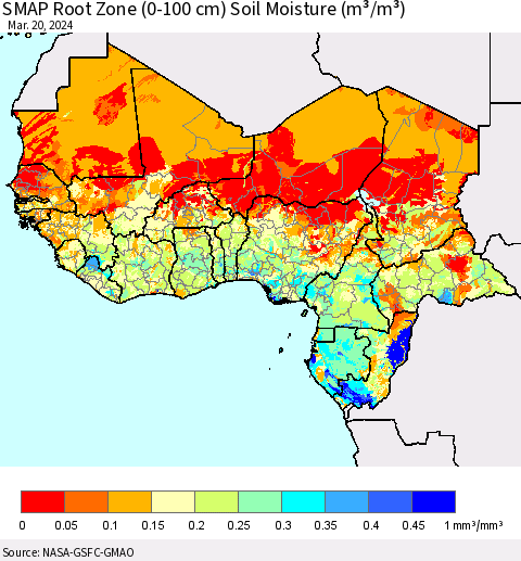 Western Africa SMAP Root Zone (0-100 cm) Soil Moisture (m³/m³) Thematic Map For 3/16/2024 - 3/20/2024