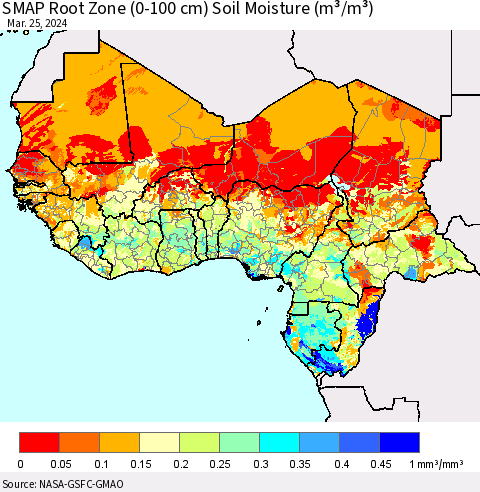 Western Africa SMAP Root Zone (0-100 cm) Soil Moisture (m³/m³) Thematic Map For 3/21/2024 - 3/25/2024