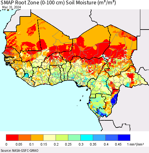 Western Africa SMAP Root Zone (0-100 cm) Soil Moisture (m³/m³) Thematic Map For 3/26/2024 - 3/31/2024
