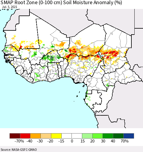 Western Africa SMAP Root Zone (0-100 cm) Soil Moisture Anomaly (%) Thematic Map For 7/1/2021 - 7/5/2021