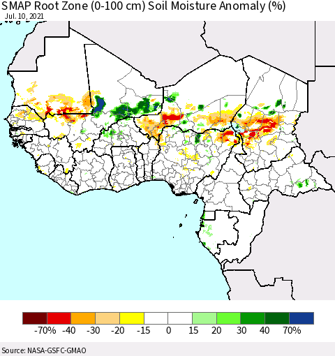 Western Africa SMAP Root Zone (0-100 cm) Soil Moisture Anomaly (%) Thematic Map For 7/6/2021 - 7/10/2021