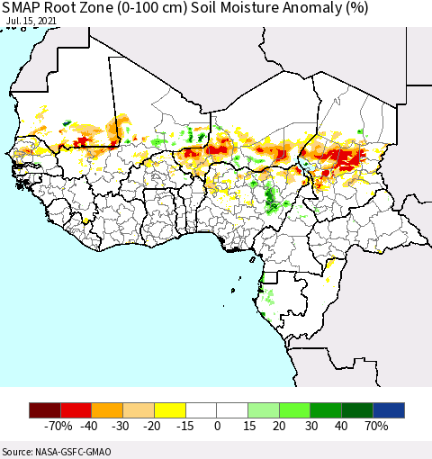 Western Africa SMAP Root Zone (0-100 cm) Soil Moisture Anomaly (%) Thematic Map For 7/11/2021 - 7/15/2021
