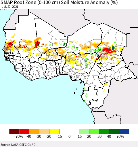 Western Africa SMAP Root Zone (0-100 cm) Soil Moisture Anomaly (%) Thematic Map For 7/16/2021 - 7/20/2021