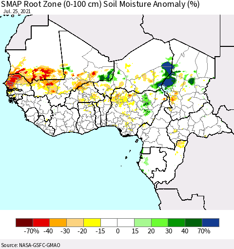 Western Africa SMAP Root Zone (0-100 cm) Soil Moisture Anomaly (%) Thematic Map For 7/21/2021 - 7/25/2021