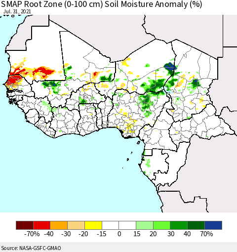 Western Africa SMAP Root Zone (0-100 cm) Soil Moisture Anomaly (%) Thematic Map For 7/26/2021 - 7/31/2021