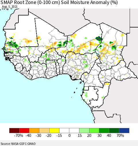 Western Africa SMAP Root Zone (0-100 cm) Soil Moisture Anomaly (%) Thematic Map For 8/1/2021 - 8/5/2021