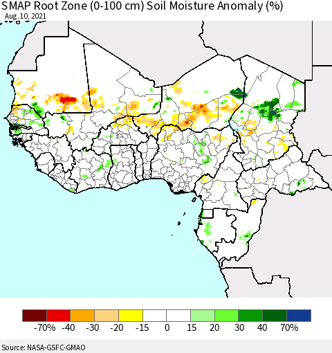 Western Africa SMAP Root Zone (0-100 cm) Soil Moisture Anomaly (%) Thematic Map For 8/6/2021 - 8/10/2021