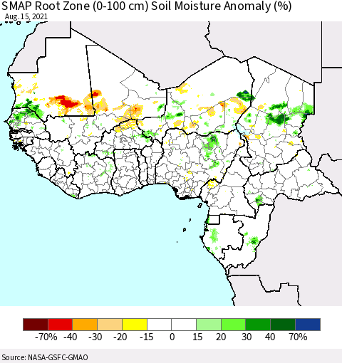 Western Africa SMAP Root Zone (0-100 cm) Soil Moisture Anomaly (%) Thematic Map For 8/11/2021 - 8/15/2021