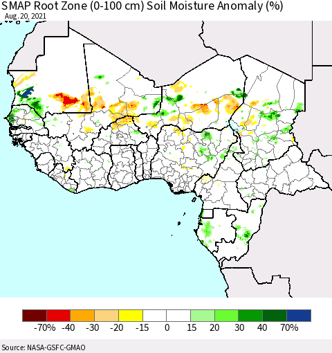 Western Africa SMAP Root Zone (0-100 cm) Soil Moisture Anomaly (%) Thematic Map For 8/16/2021 - 8/20/2021