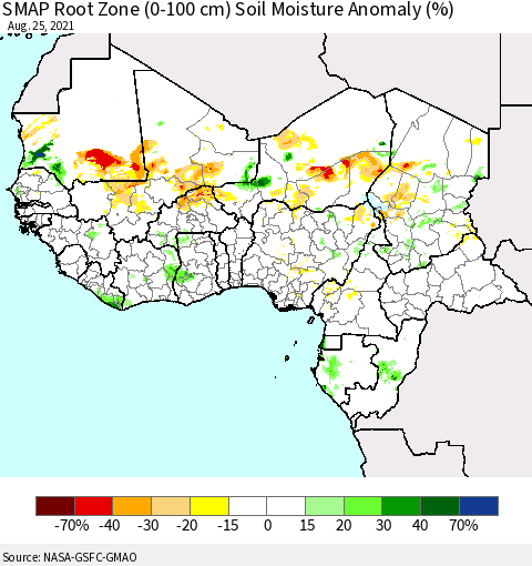 Western Africa SMAP Root Zone (0-100 cm) Soil Moisture Anomaly (%) Thematic Map For 8/21/2021 - 8/25/2021