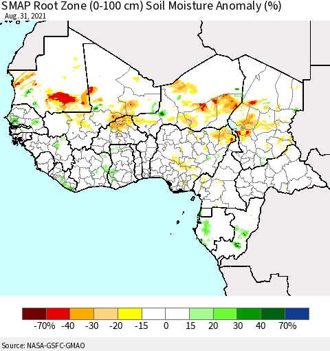 Western Africa SMAP Root Zone (0-100 cm) Soil Moisture Anomaly (%) Thematic Map For 8/26/2021 - 8/31/2021