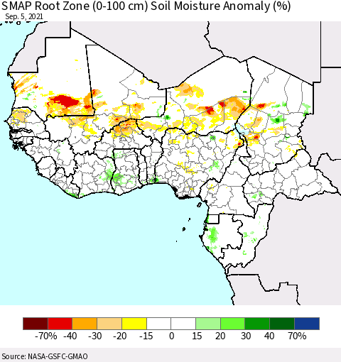 Western Africa SMAP Root Zone (0-100 cm) Soil Moisture Anomaly (%) Thematic Map For 9/1/2021 - 9/5/2021