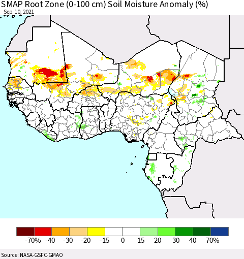 Western Africa SMAP Root Zone (0-100 cm) Soil Moisture Anomaly (%) Thematic Map For 9/6/2021 - 9/10/2021
