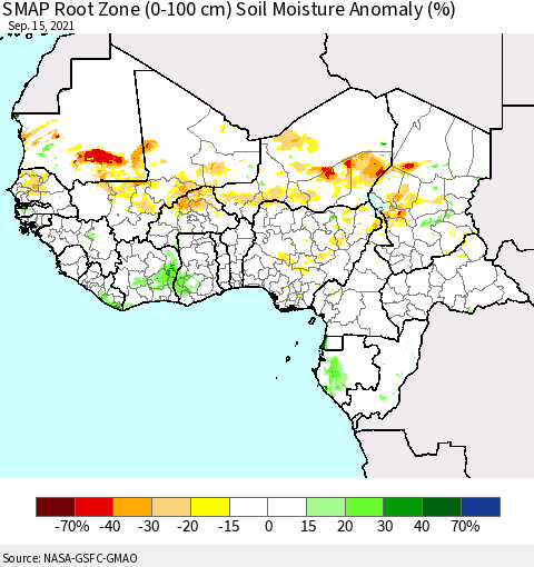 Western Africa SMAP Root Zone (0-100 cm) Soil Moisture Anomaly (%) Thematic Map For 9/11/2021 - 9/15/2021