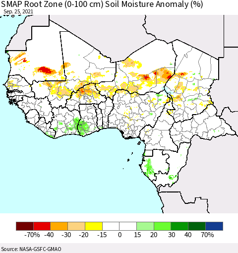 Western Africa SMAP Root Zone (0-100 cm) Soil Moisture Anomaly (%) Thematic Map For 9/21/2021 - 9/25/2021