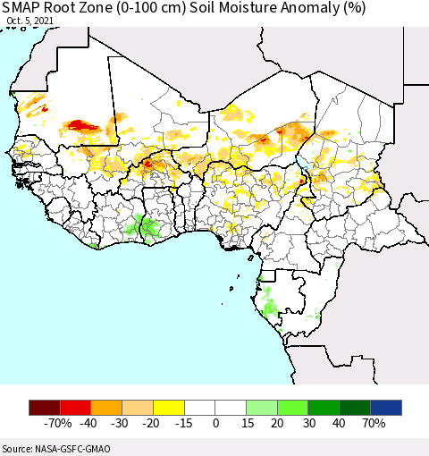 Western Africa SMAP Root Zone (0-100 cm) Soil Moisture Anomaly (%) Thematic Map For 10/1/2021 - 10/5/2021