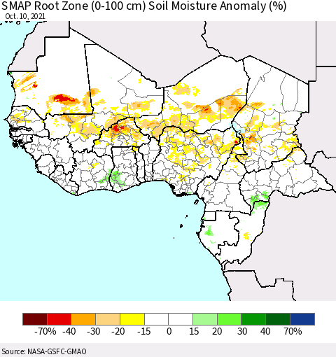 Western Africa SMAP Root Zone (0-100 cm) Soil Moisture Anomaly (%) Thematic Map For 10/6/2021 - 10/10/2021