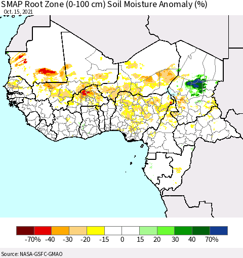 Western Africa SMAP Root Zone (0-100 cm) Soil Moisture Anomaly (%) Thematic Map For 10/11/2021 - 10/15/2021